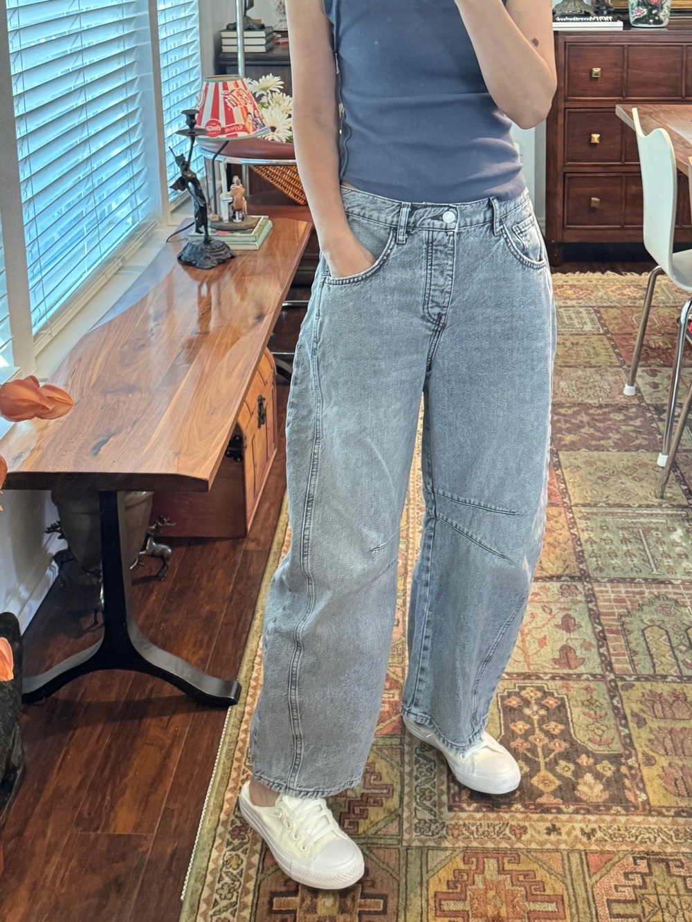 Free People We The Free Good Luck Mid Rise Barrel Jeans in Falcon Grey Size 26